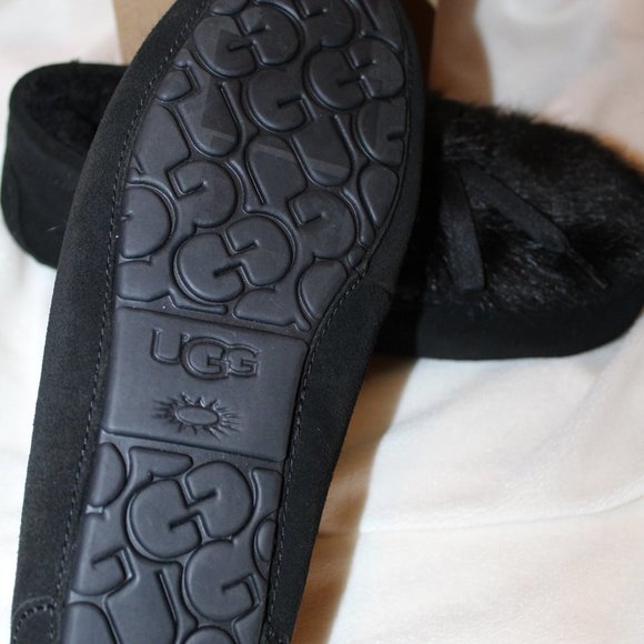 NEW UGG ANSLEY SHAINE SLIP ON FLUFF SUEDE SHEARLING LINED SLIPPERS BLACK - Picture 8 of 9